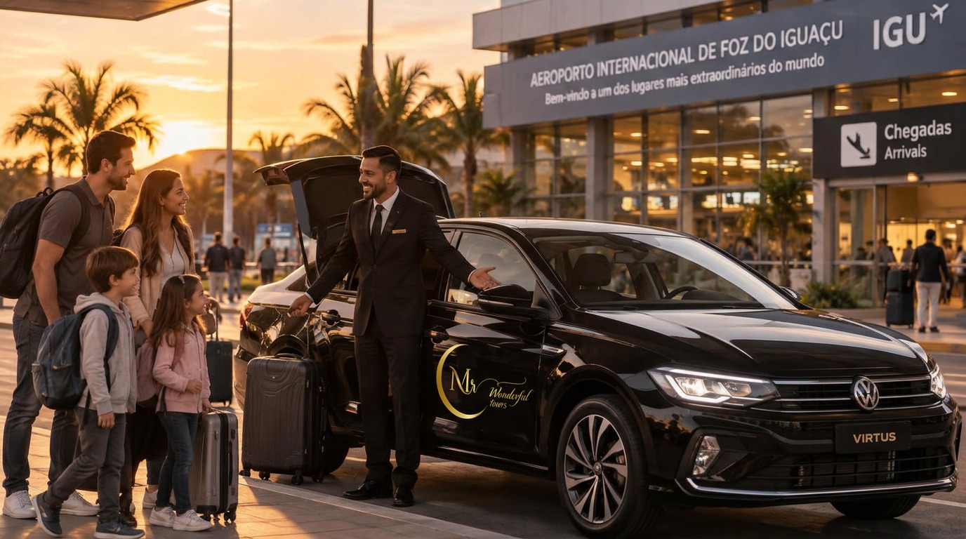 Clientes sendo recebidos no Aeroporto Internacional de Foz do Iguaçu pelo motorista da Mr Wonderful Tours ao lado do Virtus preto com a logomarca