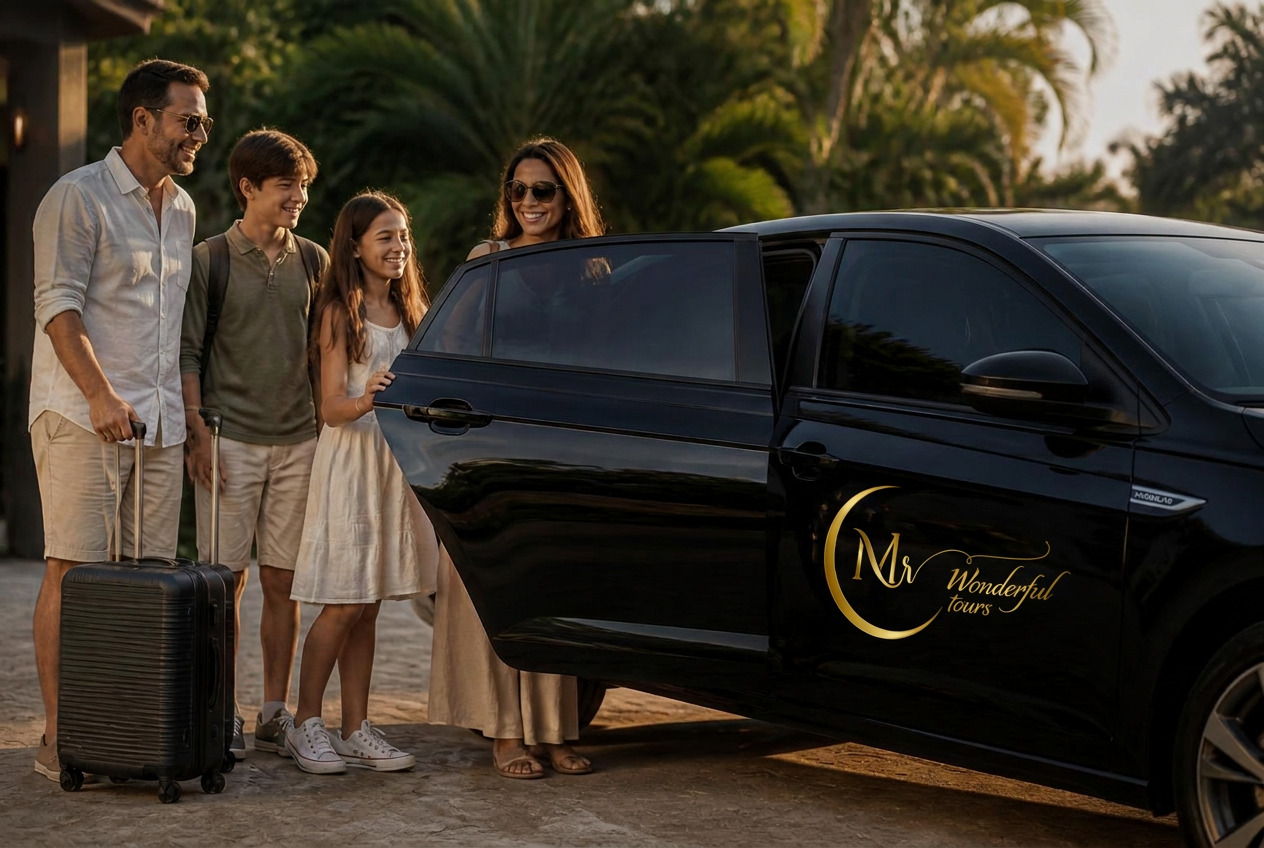 Família com dois filhos embarcando no carro preto da Mr Wonderful Tours